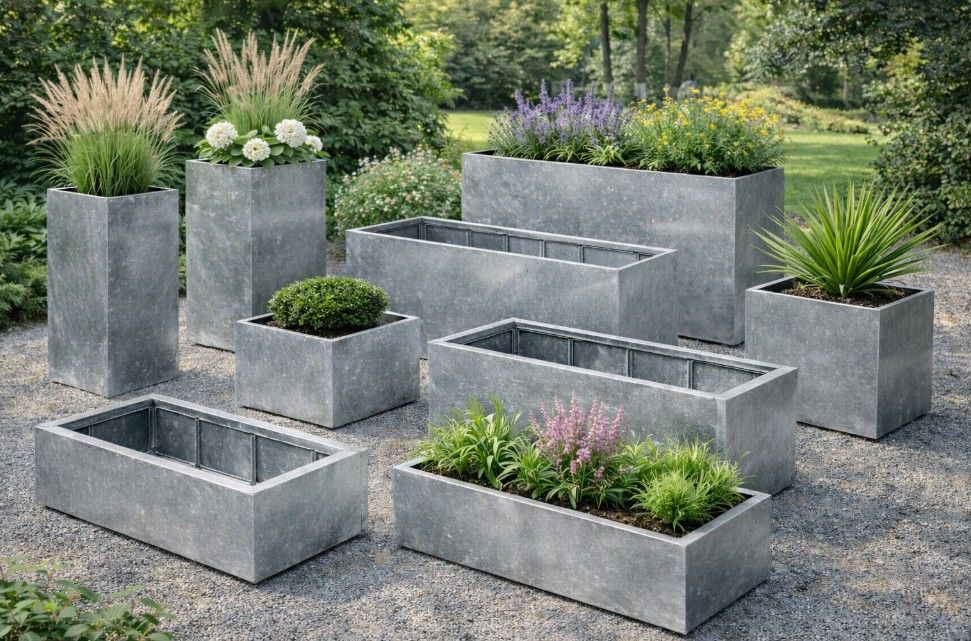 Selection of galvanised steel planters designed and fabricated in Nottingham