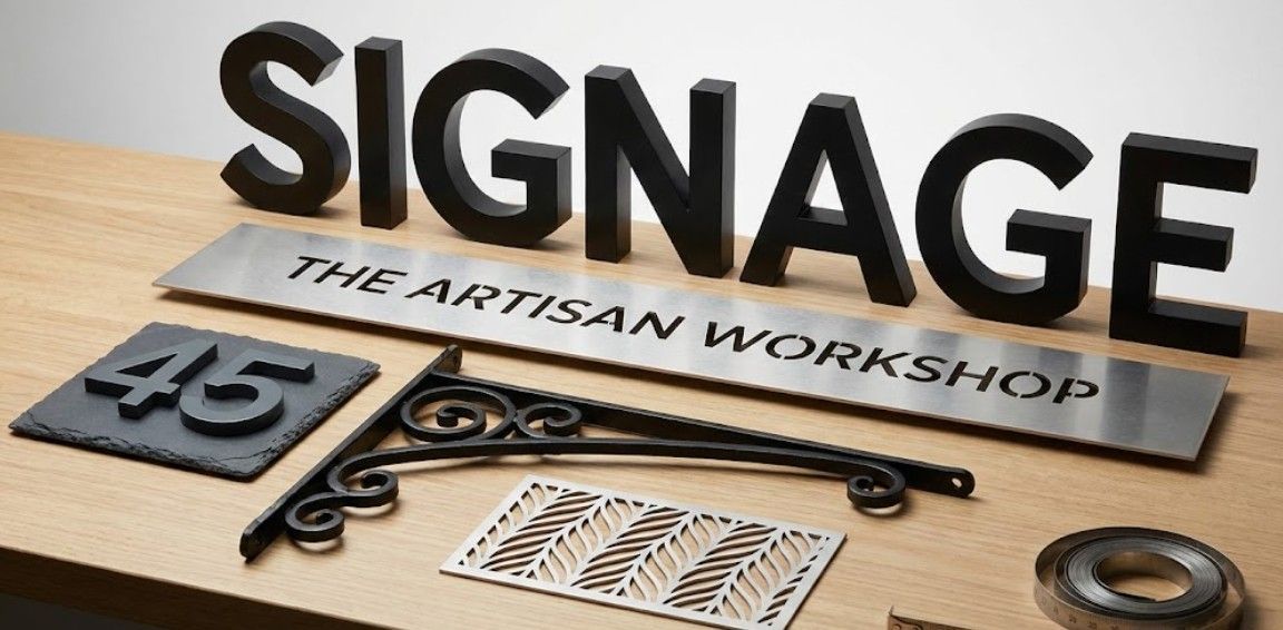 Range of custom metal signage options including business letters, logos and house signs made by Nottingham Metalworks