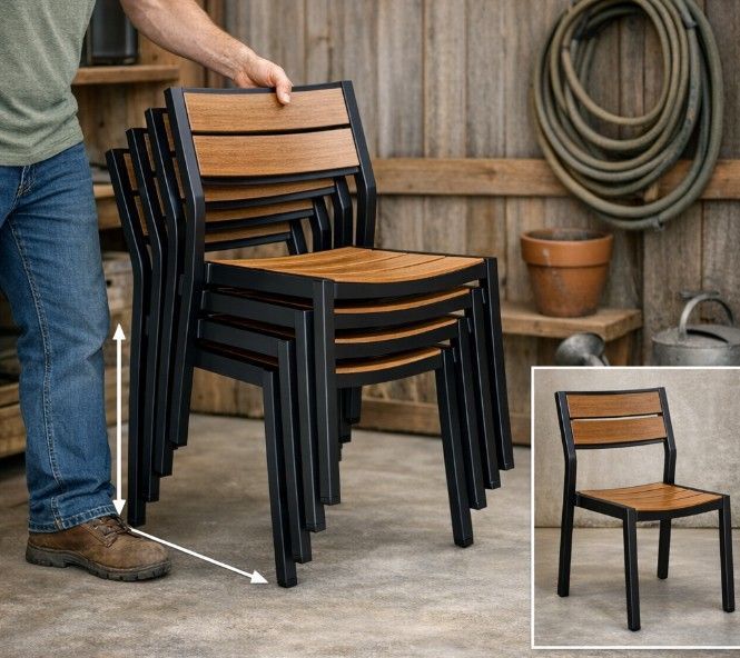 Stackable metal garden chairs showing space-saving storage capability for Nottingham outdoor dining furniture