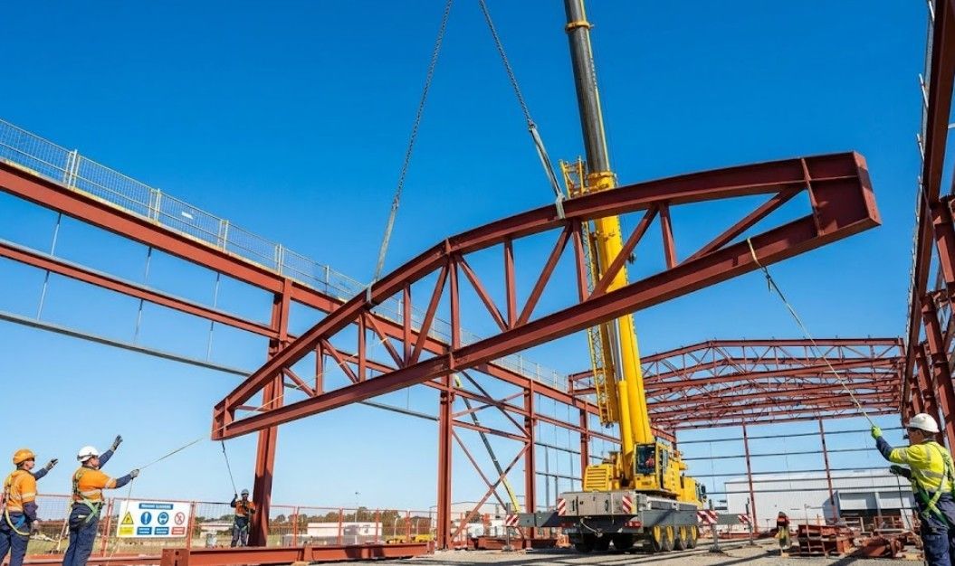 Steel roof truss being lifted by crane during installation in Nottingham commercial building showing professional erection process