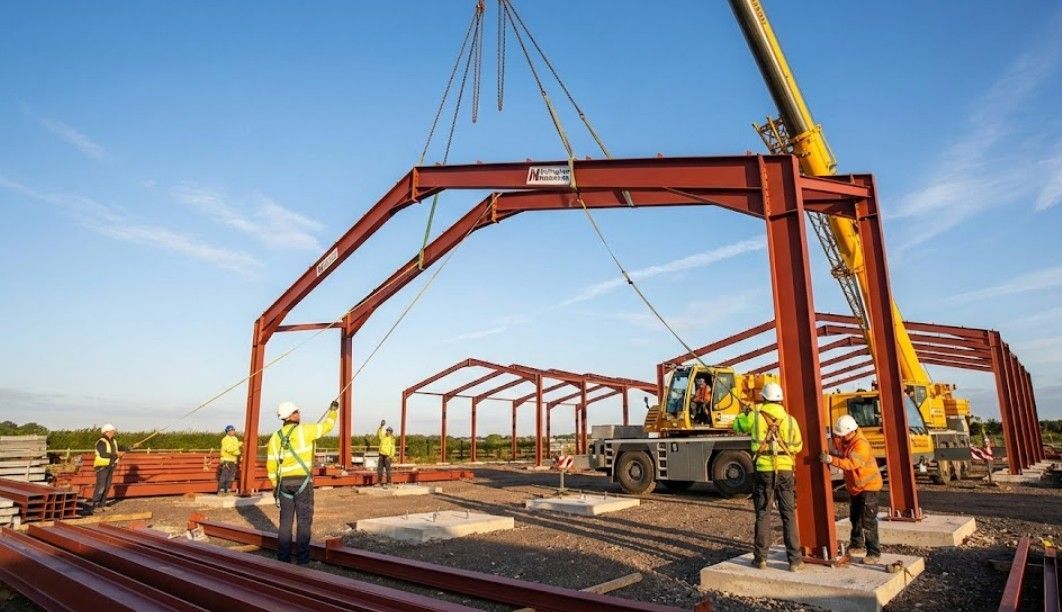Steel portal frame being erected by crane in Nottingham showing professional installation of commercial building frame structure