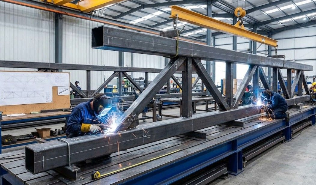 Steel roof truss fabrication in Nottingham workshop showing welding of chord and web members with precision assembly jigs