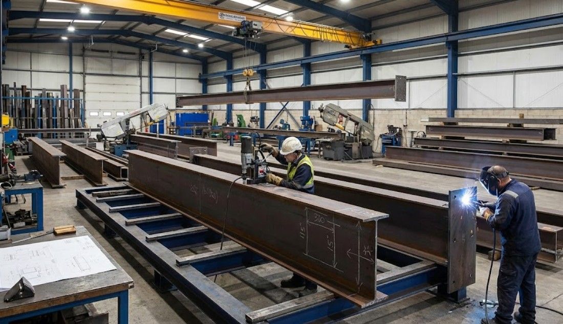 Structural steel beam fabrication in Nottingham workshop showing cutting, drilling and welding of steel sections