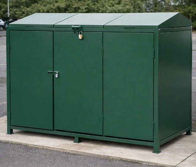 A heavy-duty fully enclosed bin store designed for commercial or high-security applications, featuring solid powder-coated steel panels in RAL 6005 moss green.