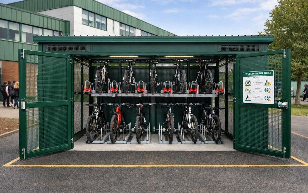 A substantial fully enclosed bike shelter designed for commercial cycle parking, installed at a secondary school in Nottingham