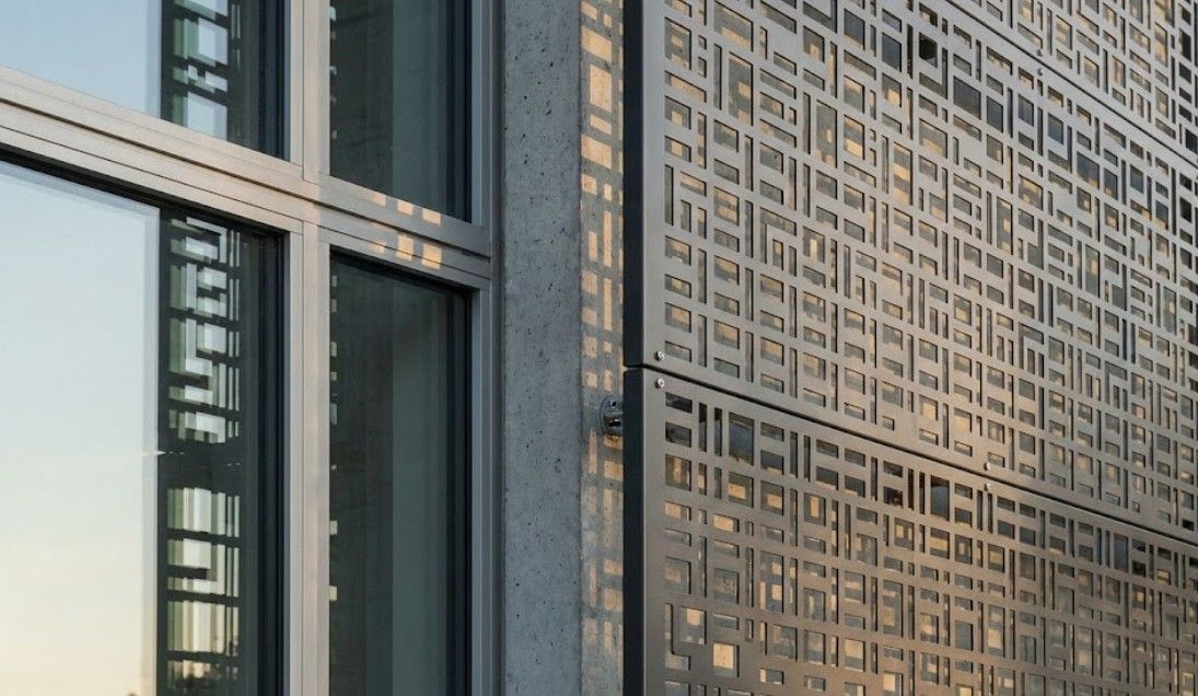 Detailed view of completed architectural metal screen showing precision fabrication and professional installation quality in Nottingham building