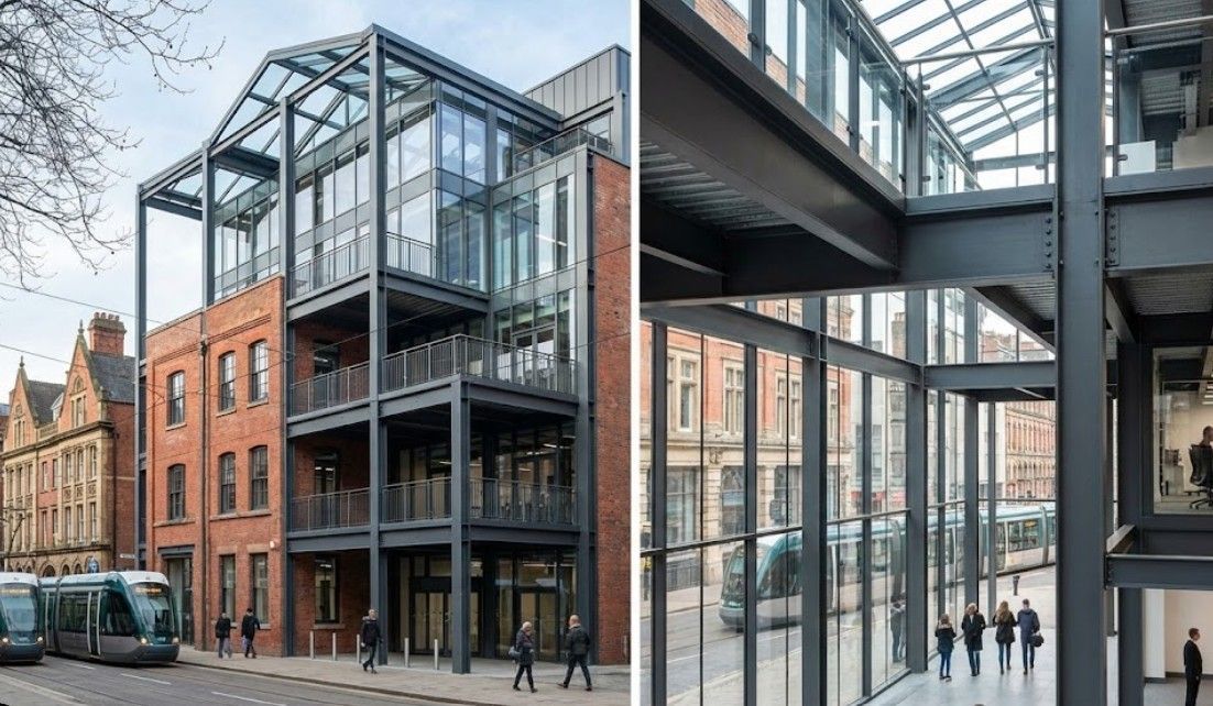 Completed structural steel frame installation supporting commercial building in Nottingham showing professional fabrication and construction