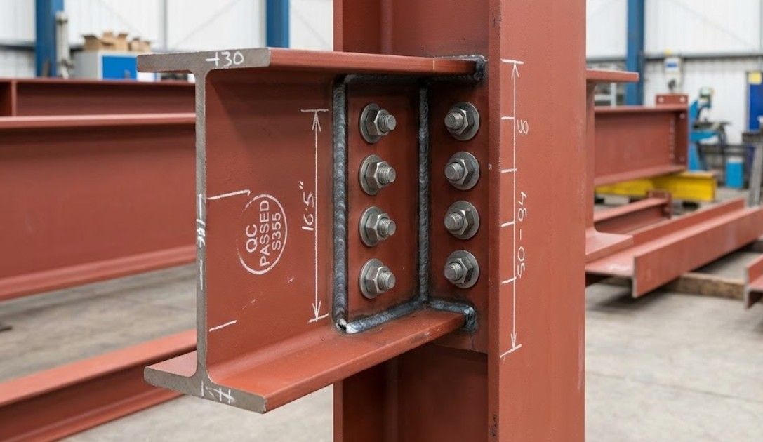 High-quality structural steel connection detail showing precision bolt holes and professional welding in Nottingham fabrication