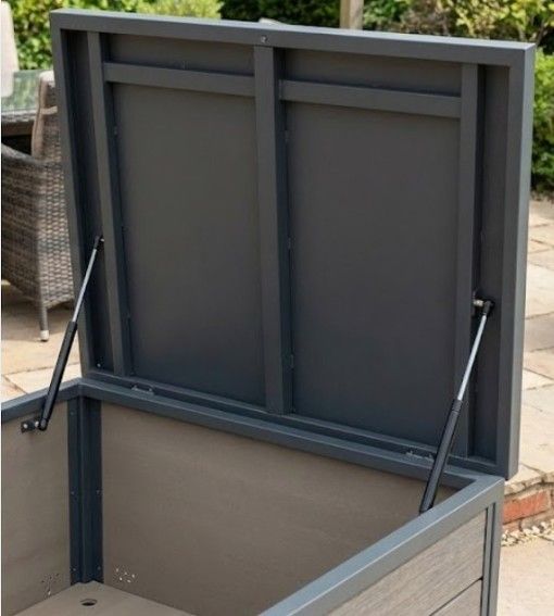 Close up of composite storage box lid operated by gas struts