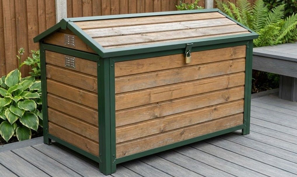 A substantial outdoor storage box designed for larger garden equipment, approaching small shed dimensions in Nottingham