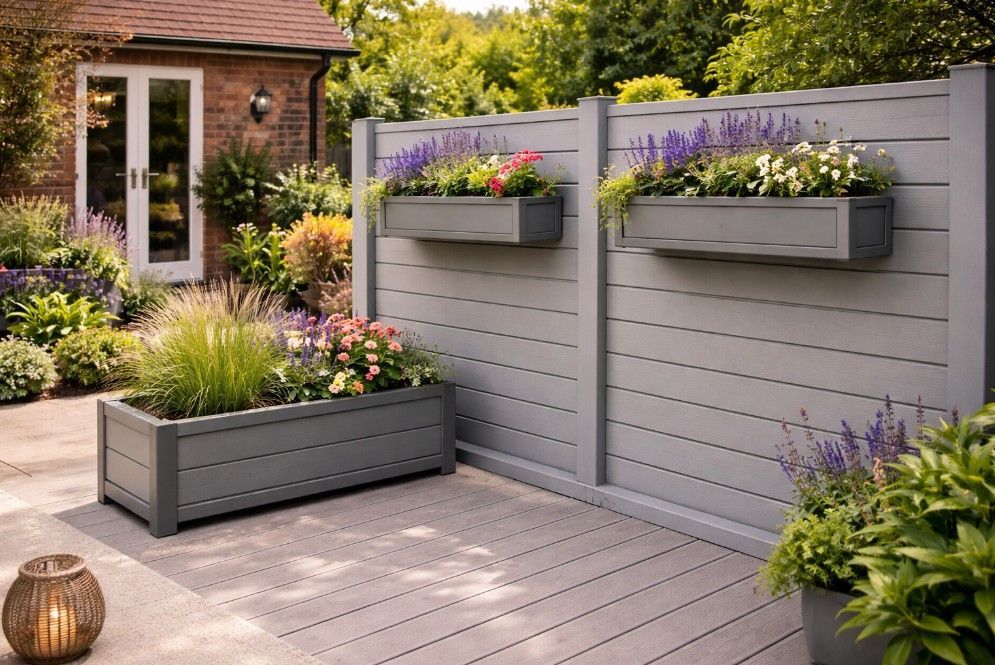 Composite planter and hanging planters matching a composite fence screen in Nottingham