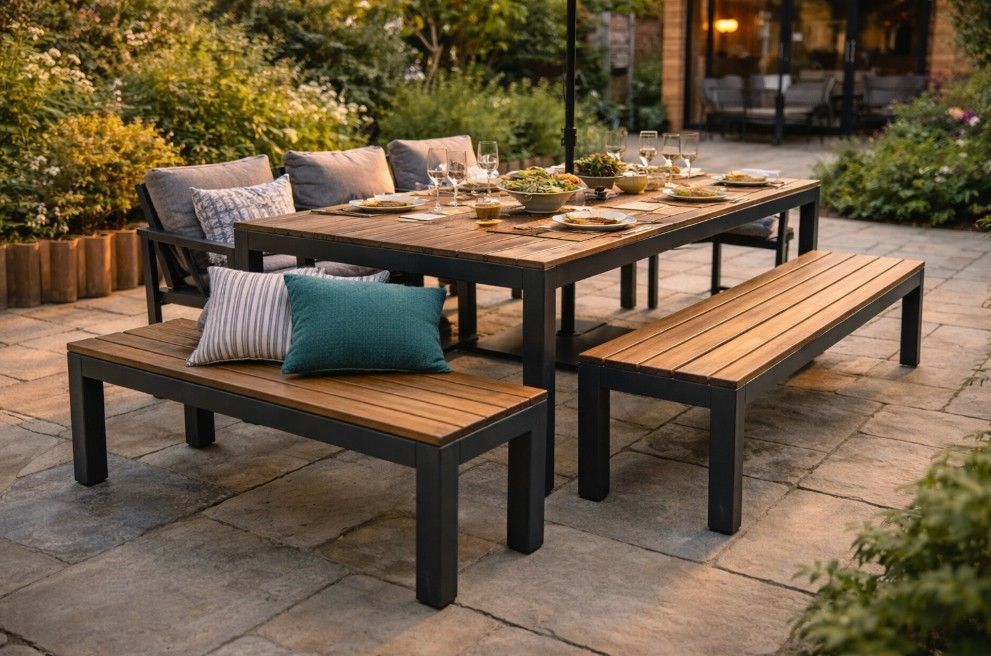 Metal and wood dining bench paired with garden table for outdoor entertaining in Nottingham garden patio area