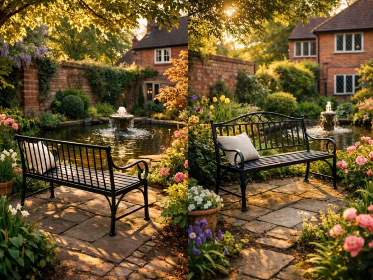Metal and wood garden bench creating peaceful seating area in established Nottingham garden with mature planting and attractive views