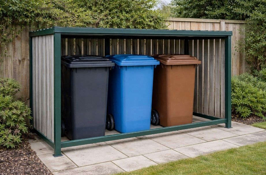 An open-front bin store housing three wheelie bins, constructed with steel framework and natural timber slatting. in Nottingham
