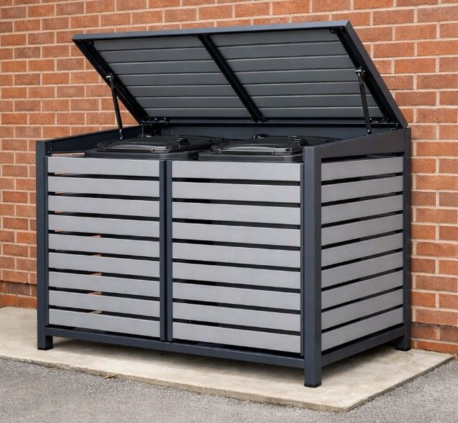 A modern composite wheelie bin store designed for two standard 240-litre bins, featuring a robust steel framework powder-coated in anthracite grey