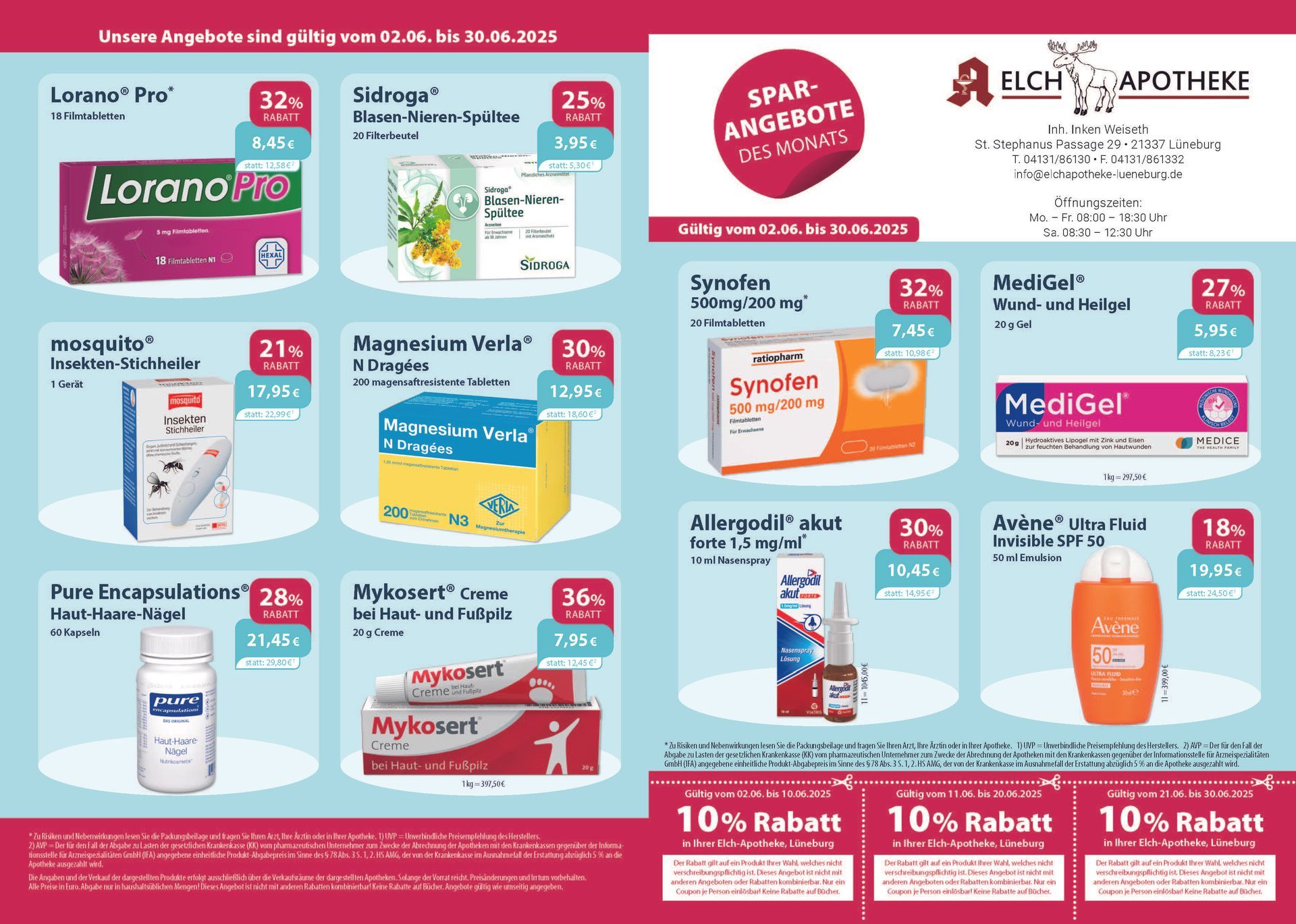 Ein Flyer für eine Apotheke zeigt verschiedene Produkte zum Verkauf