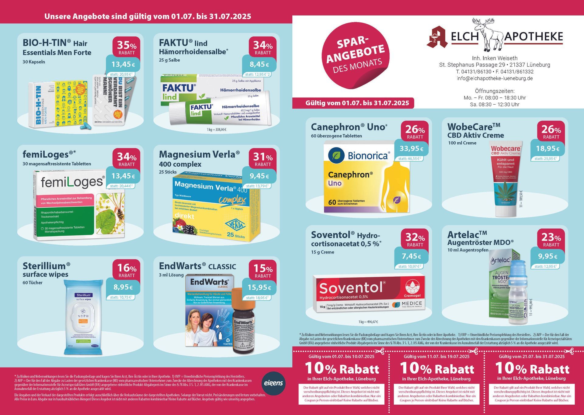 Ein Flyer für eine Apotheke zeigt verschiedene Produkte zum Verkauf