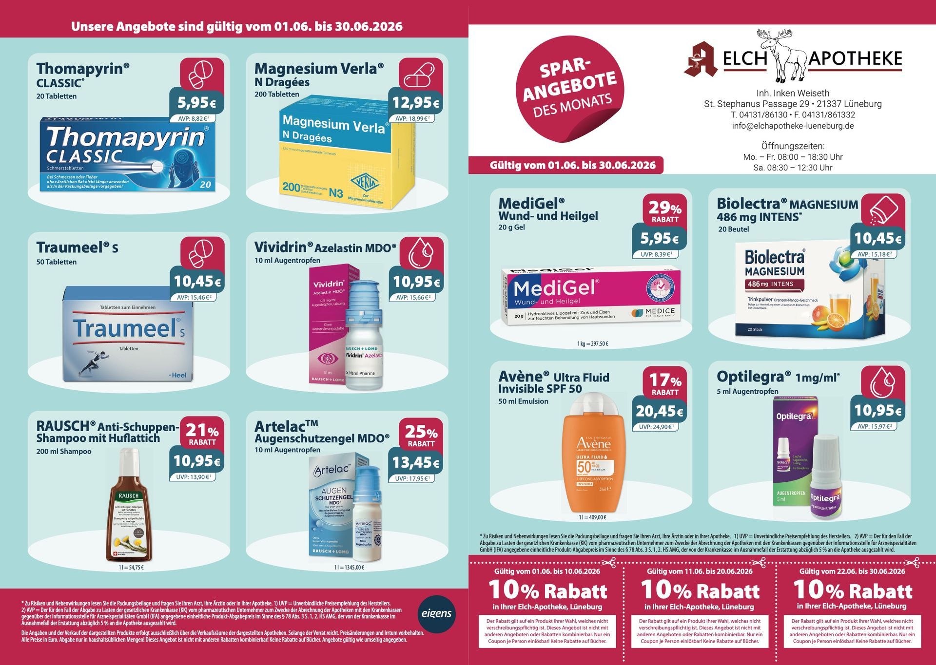 Ein Flyer für eine Apotheke zeigt verschiedene Produkte zum Verkauf