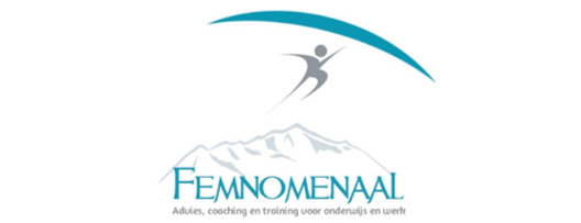 Logo: een persoon die van een berg springt. Een sprong in het diepe! Het woord FEMNOMENAAL.