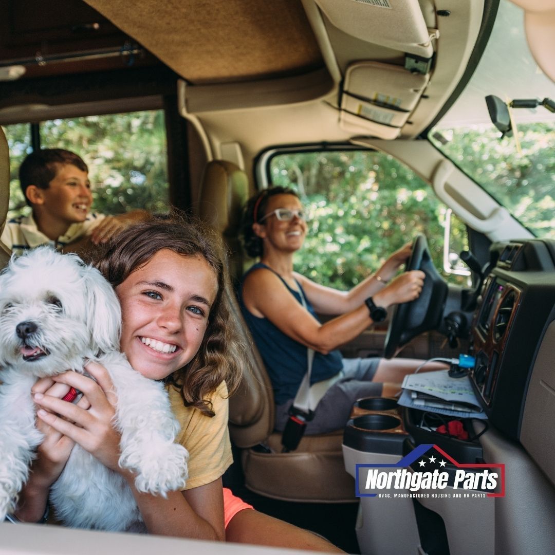 A girl holding a small white dog in a car with northgate parts written on the bottom