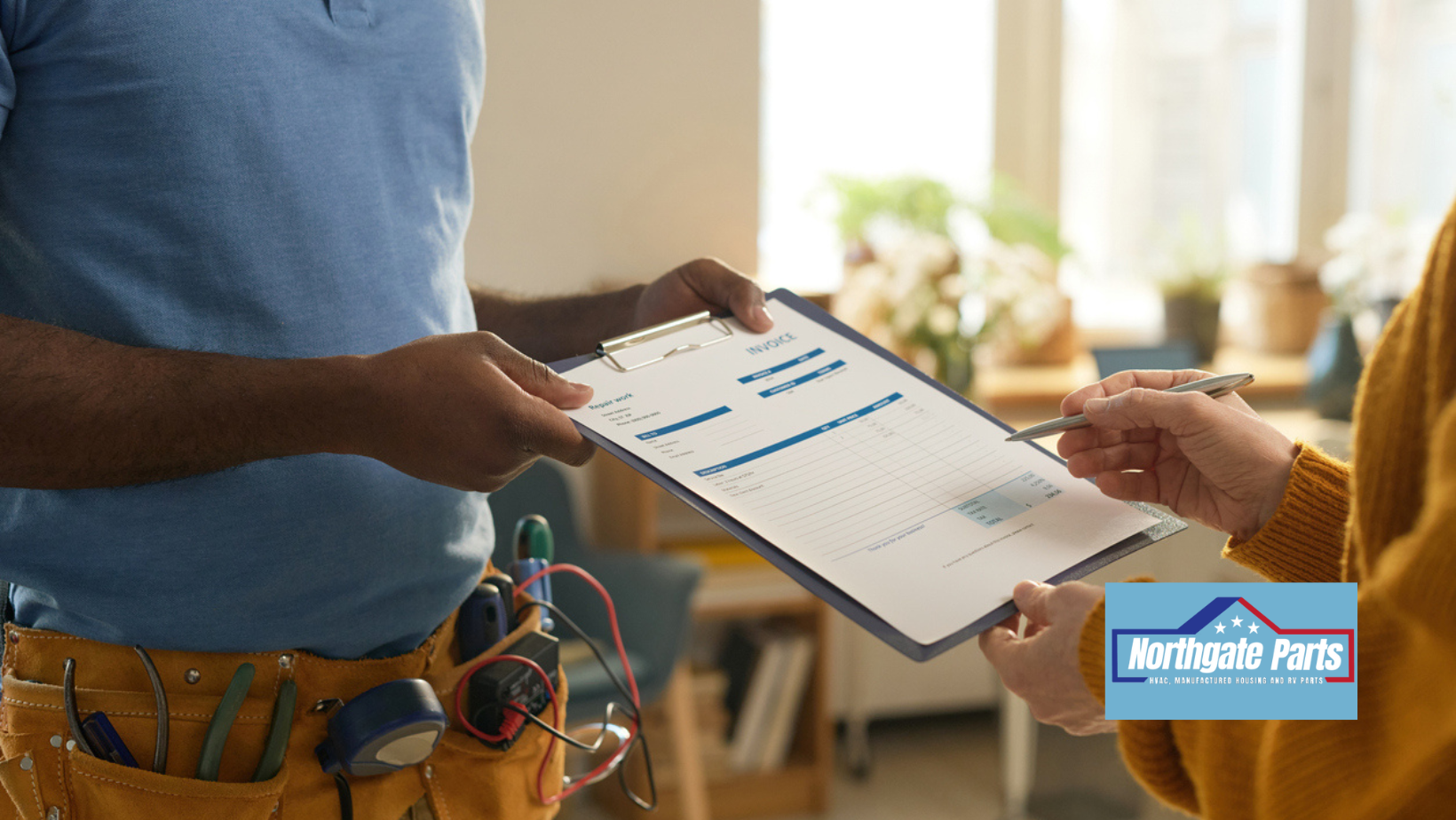 Tools visible on belt. Northside Parts logo. Furnace checklist.