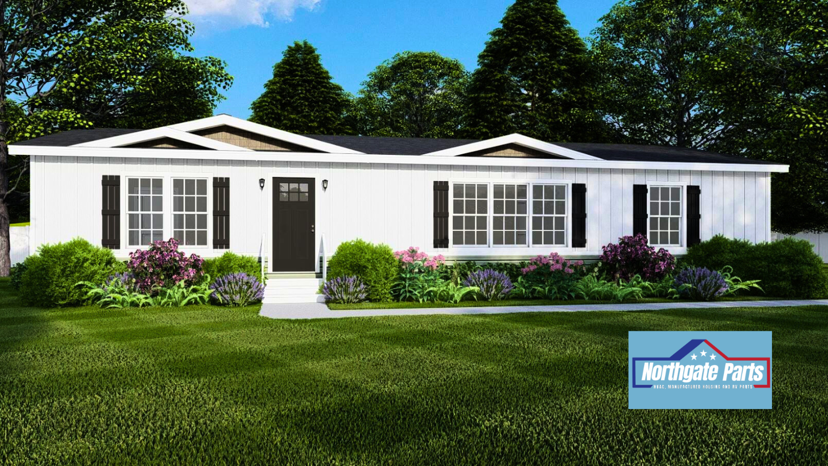 White ranch-style mobile home with black shutters, door. 