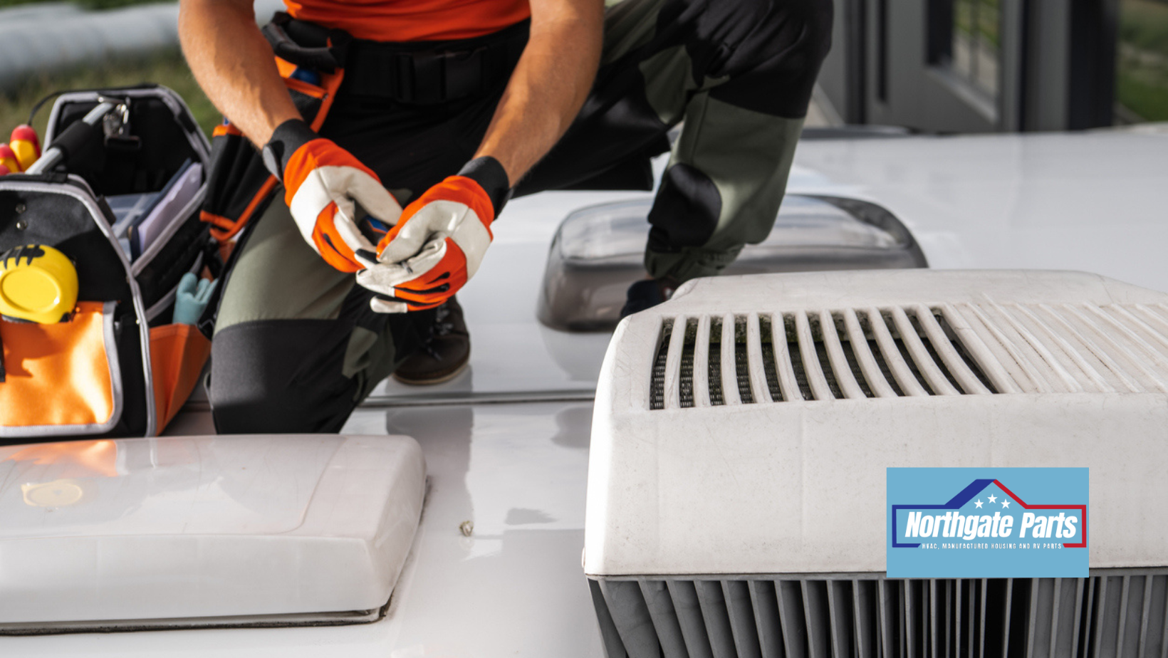 A person working on an RV roof with tools; two air conditioners and vents are visible.