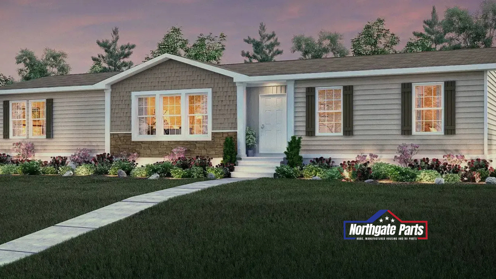 An artist 's impression of a mobile home with a large lawn in front of it.