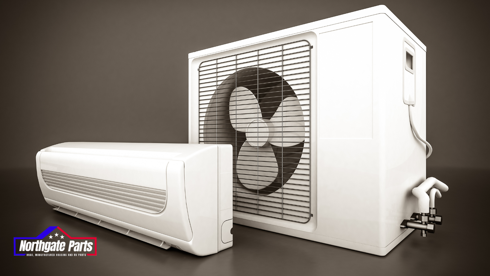 A white air conditioner is sitting next to a fan.