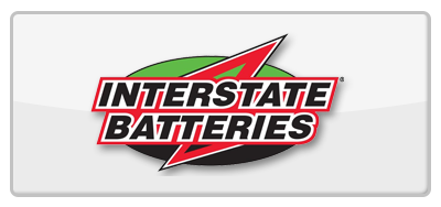 Interstate Batteries logo with red, black, green, and white colors in a glossy button.