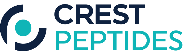 Logo for Crest Peptides: a teal dot within a dark blue, curved shape; 