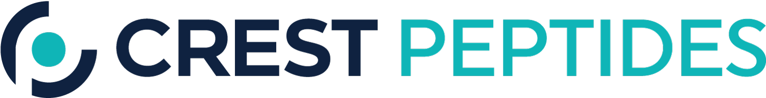 Crest Peptides logo with a navy and teal color scheme and an abstract design.