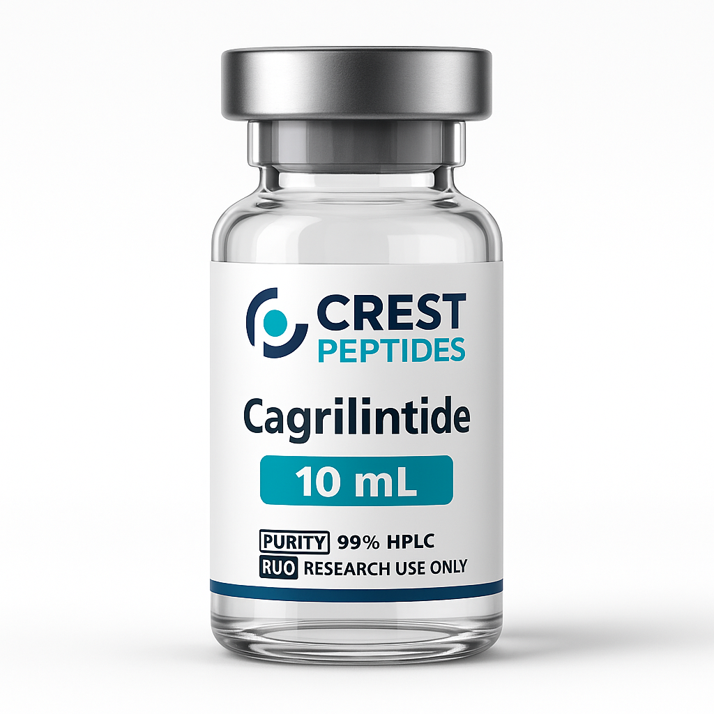 Vial of Cagrilintide by Crest Peptides; 10ml, with label indicating 99% purity and research use only.