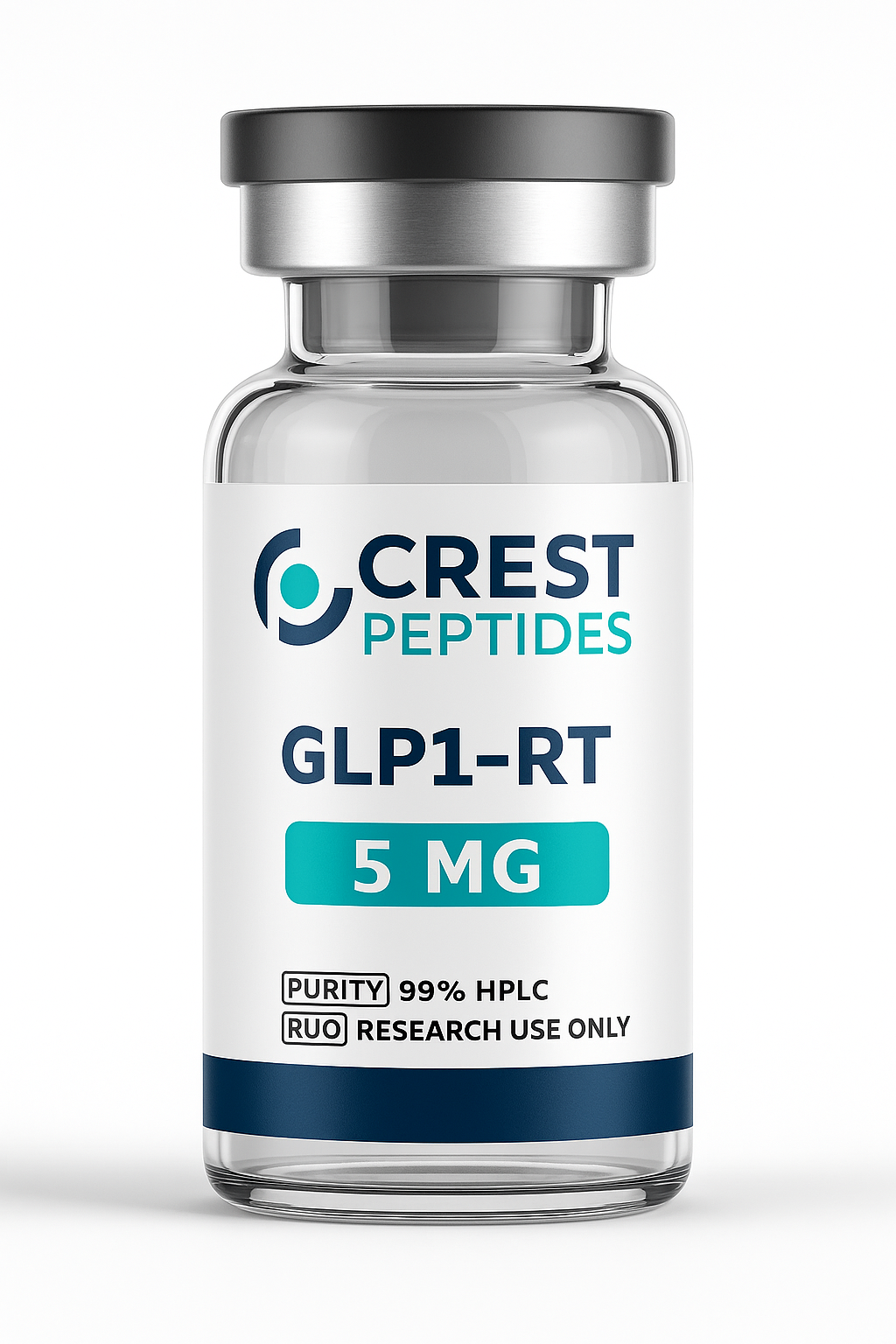 Vial of Crest Peptides GLP1-RT (5mg) for research use, with a purity of 99% HPLC.