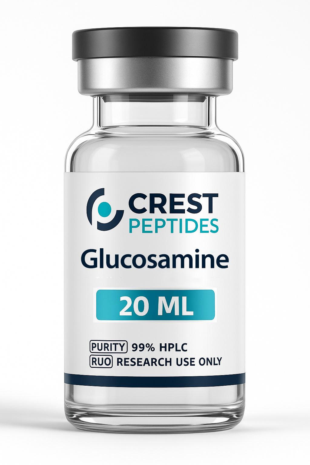 Vial of Crest Peptides Glucosamine, 20 mL, for research use only, with 99% purity.
