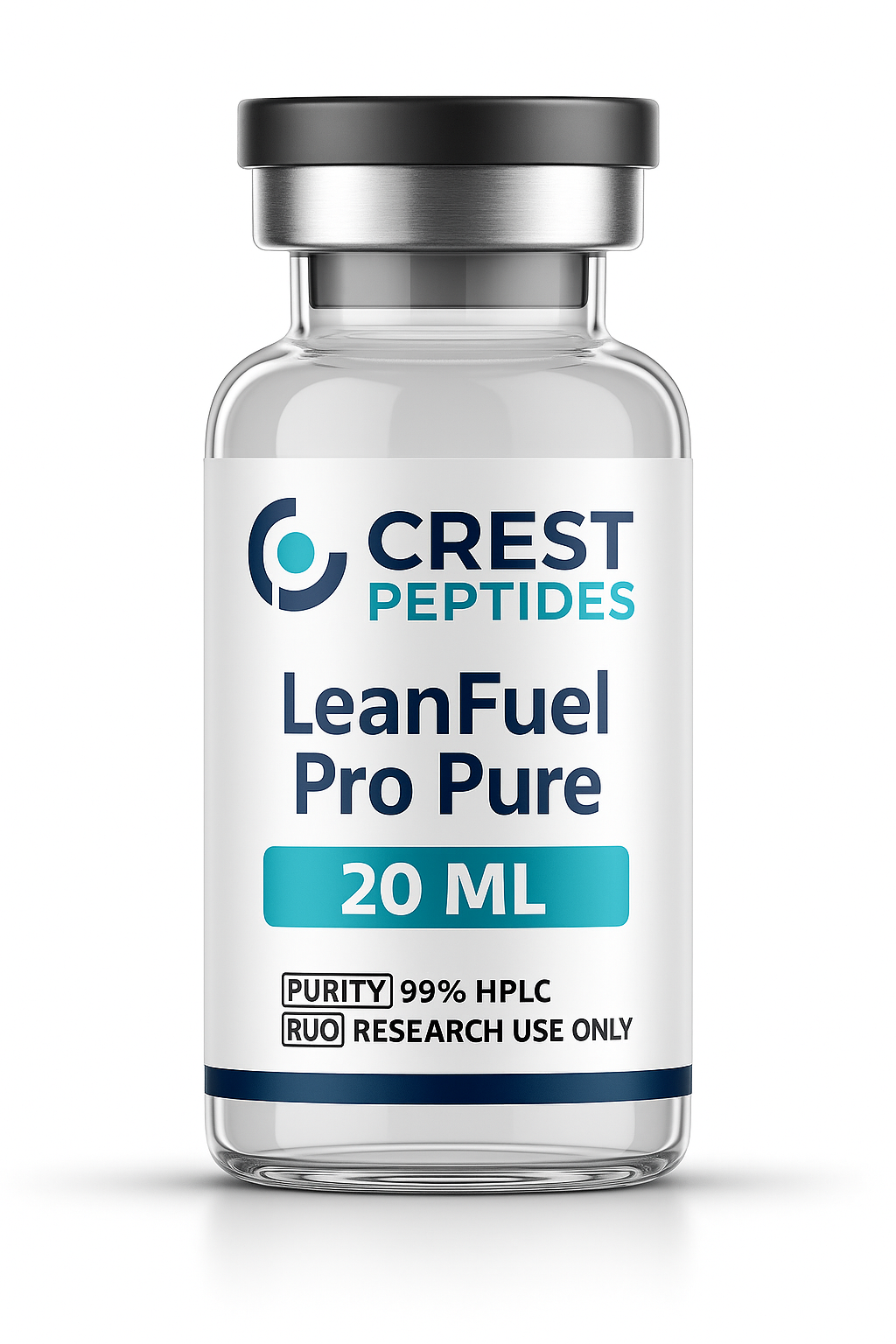 Vial of Crest Peptides' LeanFuel Pro Pure, 20mL. Blue and white label, 