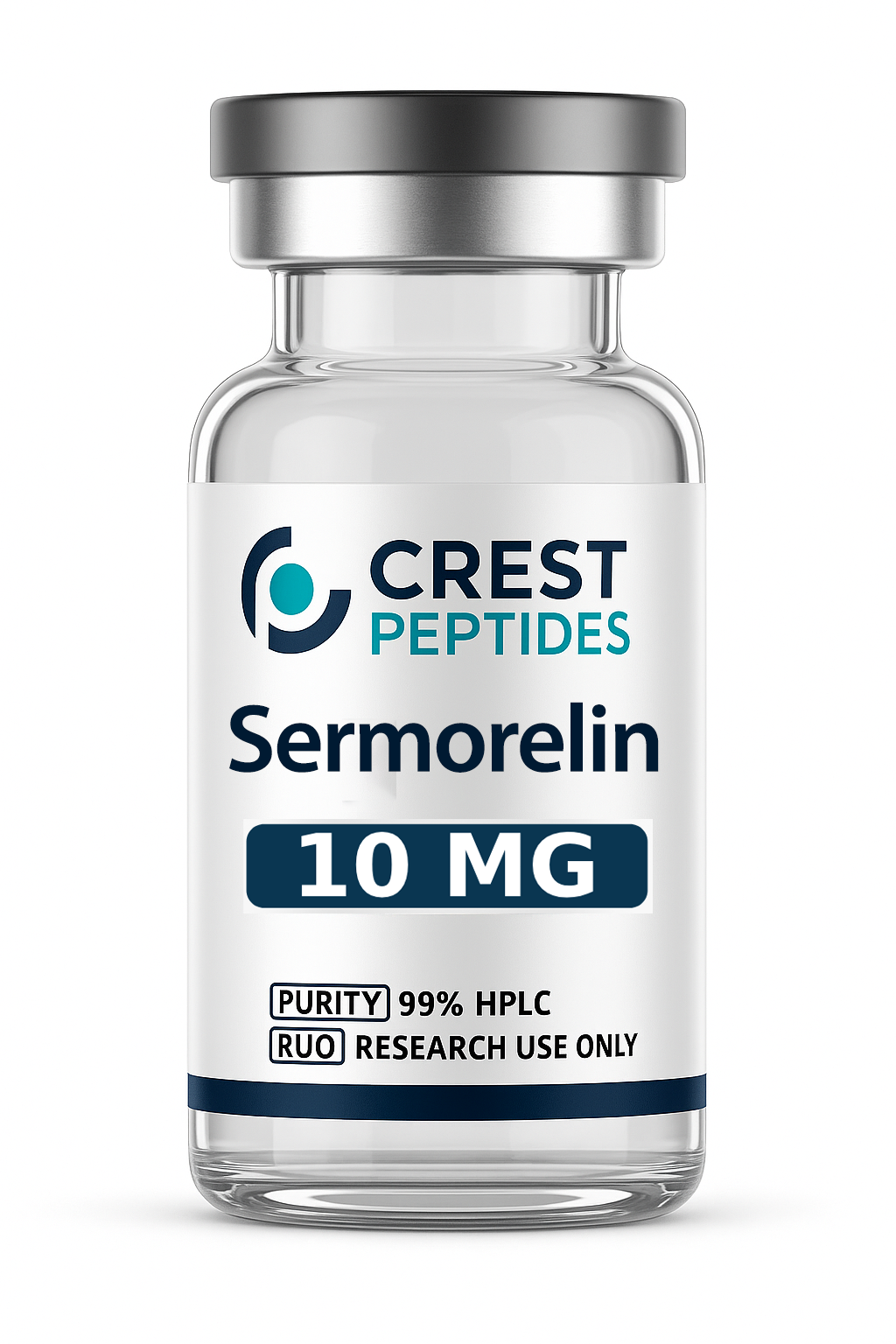 Vial of Sermorelin, 10 mg, from Crest Peptides. Labeled with purity details. For research use only.