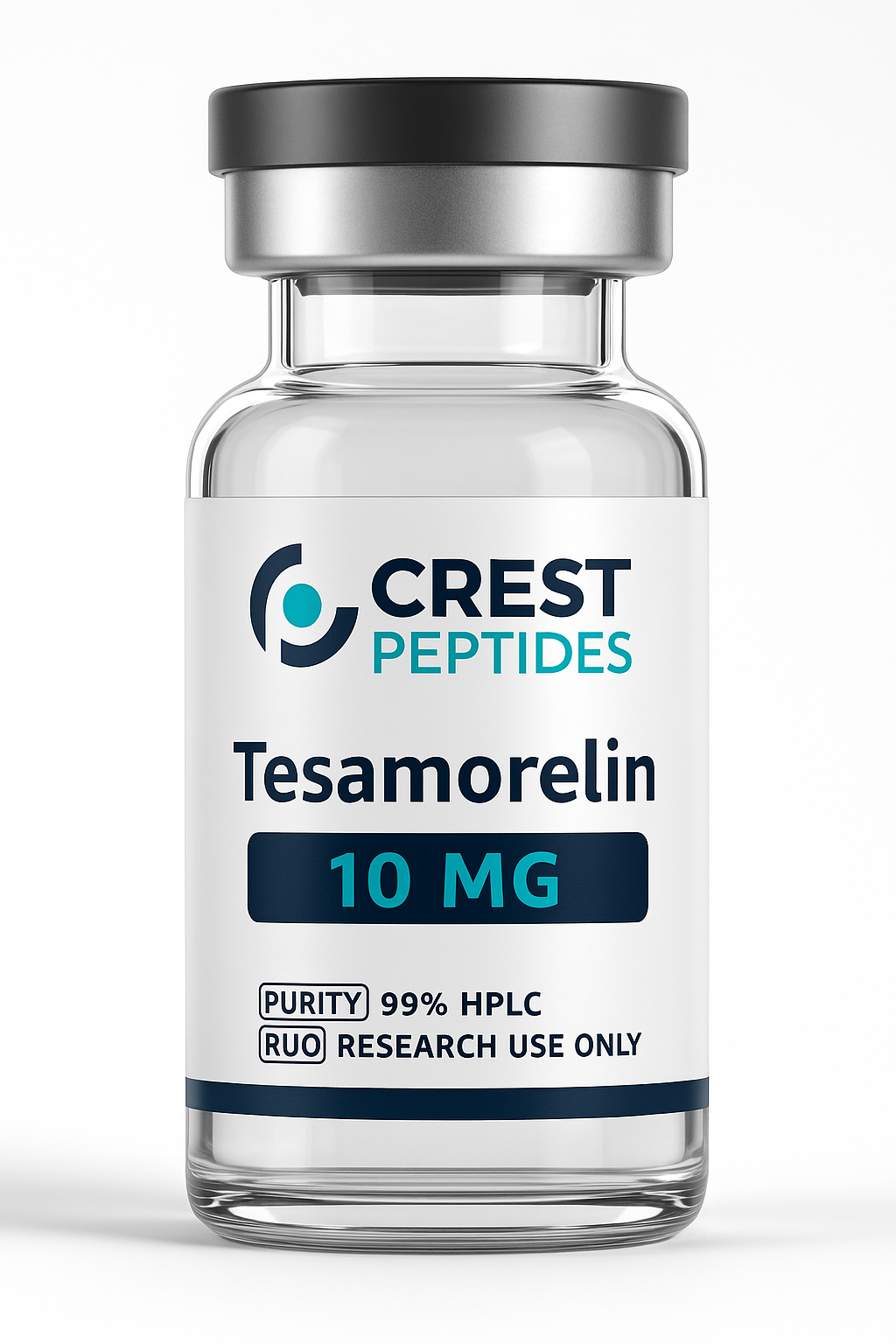 Vial of Tesamorelin, 10mg, by Crest Peptides; white label, dark blue lettering, black cap. 