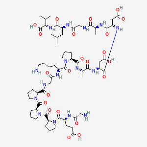 Chemical structure of a peptide, showing amino acid chain with nitrogen, oxygen, and hydrogen atoms.