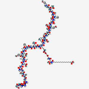 Molecular structure, a branched chain of blue lines, red and gray squares, and white circles with symbols.