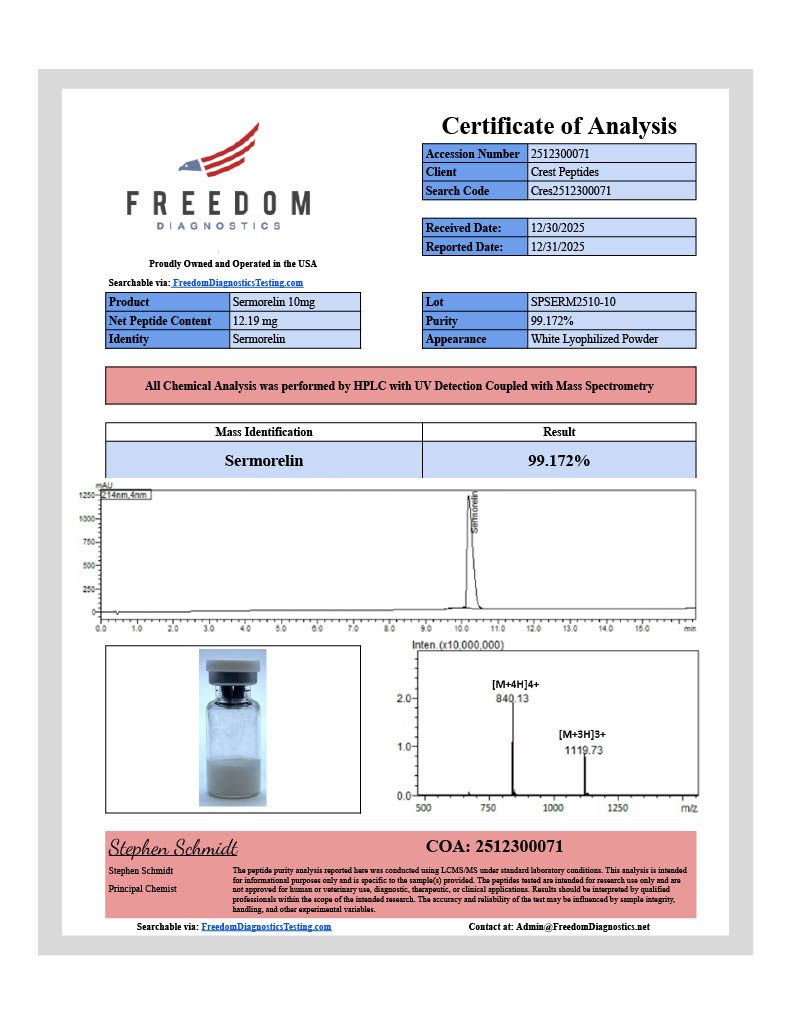 Vial of Sermorelin, 10 mg, from Crest Peptides. Labeled with purity details. For research use only.