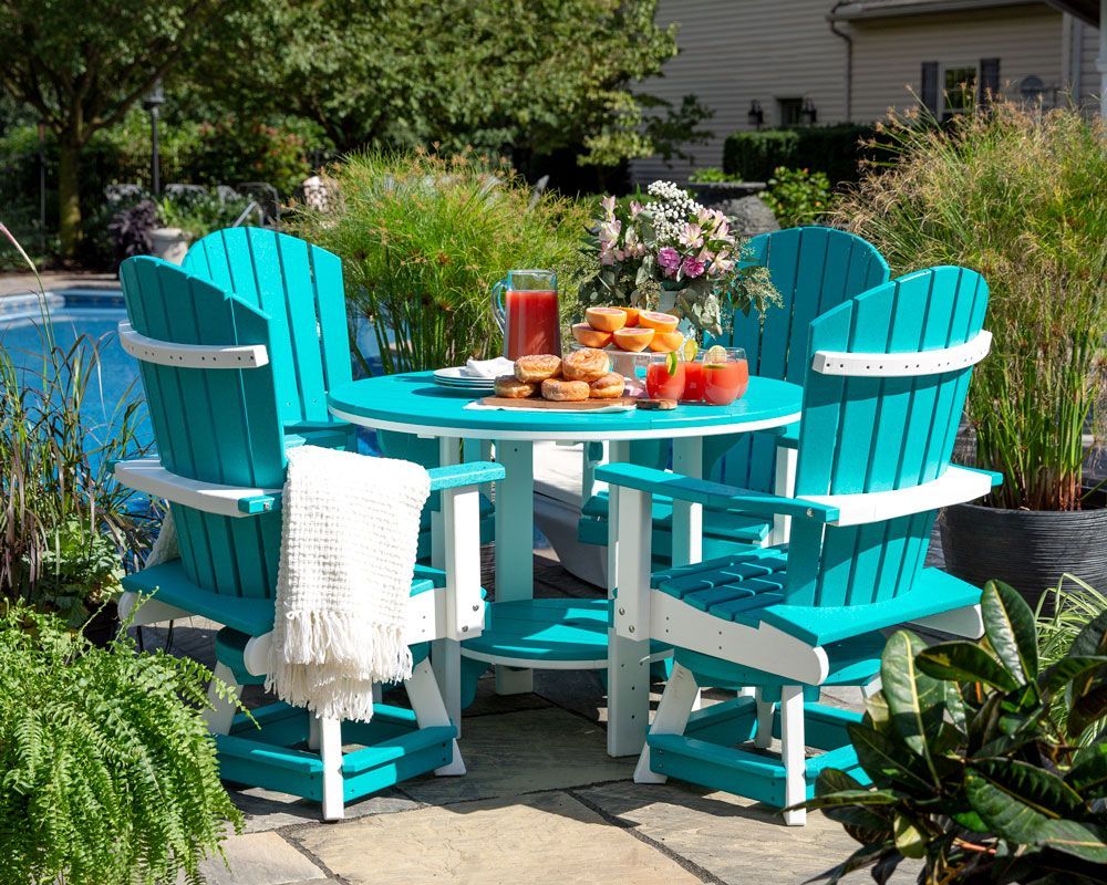 A blue and white patio set with a table and chairs