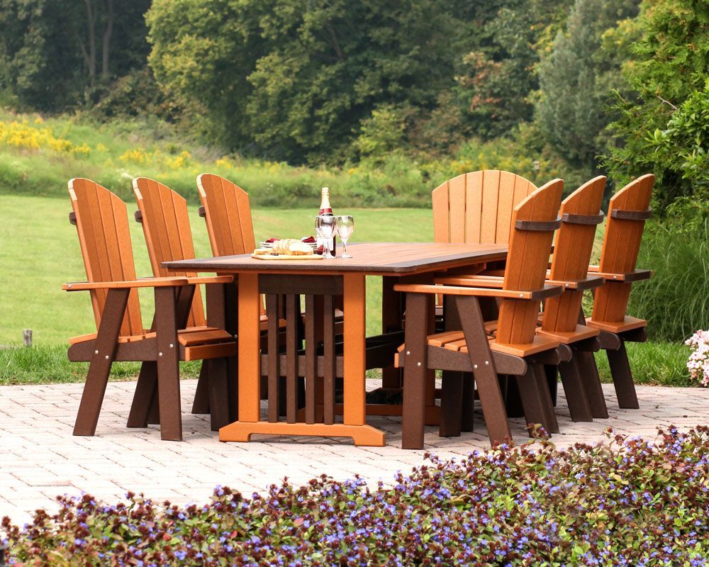 A wooden patio set with a table and chairs