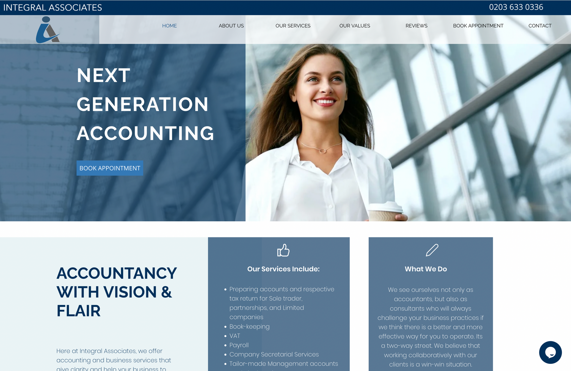 A website for next generation accounting shows a woman holding a cup of coffee