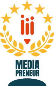 A logo for a media entrepreneur with a laurel wreath and stars