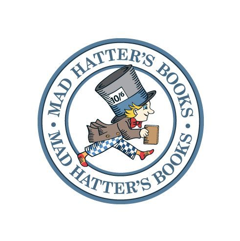 A logo for mad hatter 's books with a mad hatter holding a book