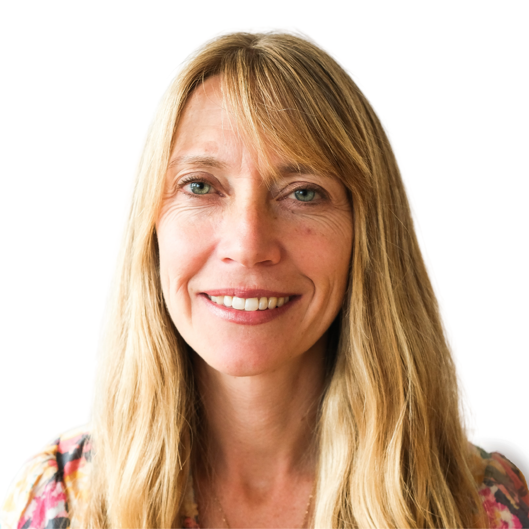 A woman with long blonde hair is smiling for the camera