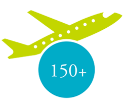 A green airplane is sitting on top of a blue circle that says 150+