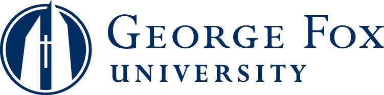 The logo for george fox university is blue and white