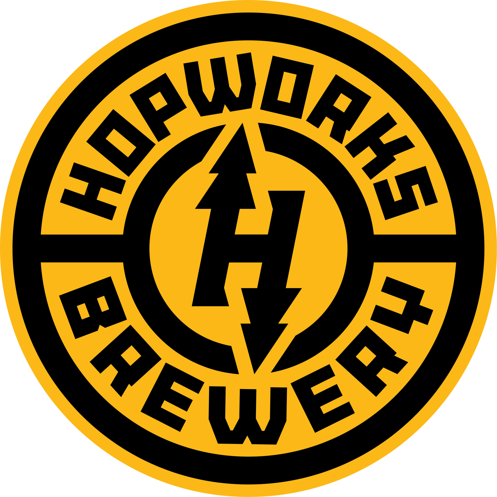 A yellow and black logo for hopworks brewery